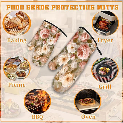 Pink Roses Oven Mitts and Pot Holders Set,Peony Flower Kitchen Oven Gloves and Pot Holder with Heat Resistant Non Slip for Cooking Baking Grilling(4 Piece Set)