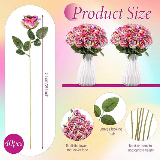 Hotop 40 Pcs Rose Artificial Flowers Bulk with Long Stem,Realistic Silk Fake Roses Bouquet for Home Wedding Centerpieces Party Table Decoration Valentines Gifts(Rainbow Color)