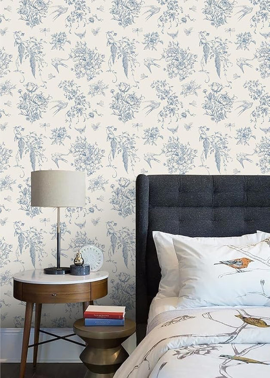 Cream White and Blue Peel and Stick Wallpaper Vintage Floral Contact Paper 16.9"x 196.8" Blue Floral Wallpaper Peel and Stick Birds Self Adhesive Removable Wall Paper for Bedroom Bathroom