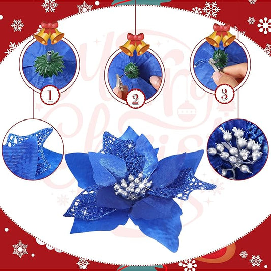 WILLBOND 36 Pieces Christmas Poinsettia Glitter Faux Flowers Christmas Artificial Flowers Tree Ornaments Topper Xmas Decorations(Royal Blue)
