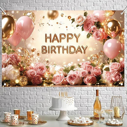 Rose Gold Birthday Backdrop Banner Pink Balloon Floral Rose Photography Background for Girls Women Gold Birthday Party Wedding Baby Shower Decor Photo Booth Supplie 71 x 43 Inch