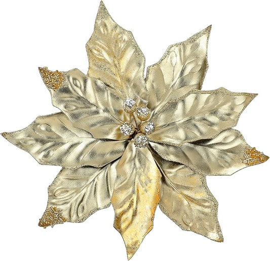 3 Pcs Artificial Christmas Flowers 11 Inch Glitter Poinsettia Picks Christmas Tree Ornaments Topper Decorations Champagne Poinsettias Flowers for Xmas New Year Wreath Garland Wedding Party Decor