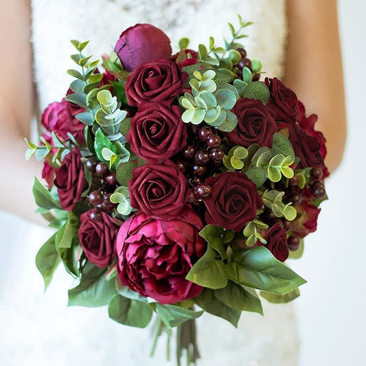 Mocoosy 50Pcs Burgundy Roses Artificial Flower, Burgundy Fake Roses for Decoration, Real Touch Foam Rose Bulk with Stem DIY Wedding Bouquet Centerpiece Floral Arrangement Bride Shower Party Home Decor