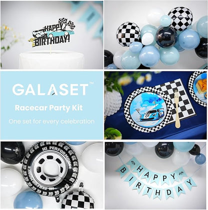 127 PCS Racecar Birthday Decorations – F1 Birthday Decorations Includes Race Car Balloon Arch Kit, Pump, Cake Topper, Paper Plates, Napkins, Forks, and Banner, for Boys & Men, Serves 20
