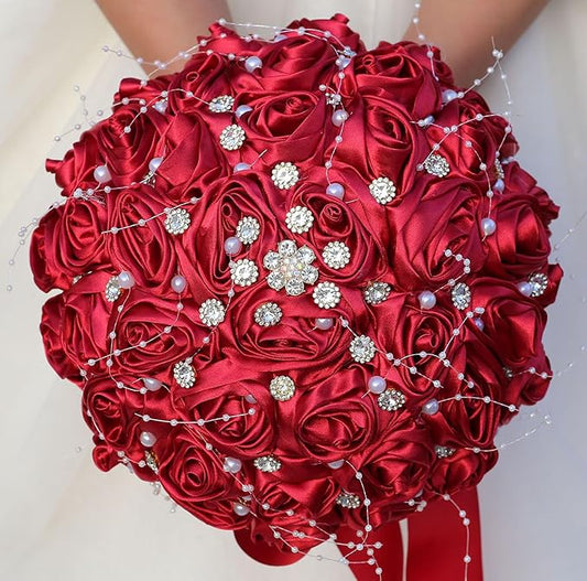 Bridal Wedding Bouquet Round Bling Brooch Bouquet Throw Toss Artificial Rose Flower Bunch for Bride Bridesmaid Wedding Quinceanera(Ruby Red, 9.8")