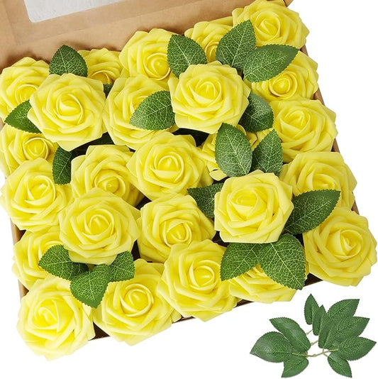 AmyHomie Artificial Flower Yellow Rose 25pcs Real Looking Fake Roses w/Stem for DIY Wedding Bouquets Centerpieces Arrangements Party Baby Shower Valentines Day Christmas Tree Decorations