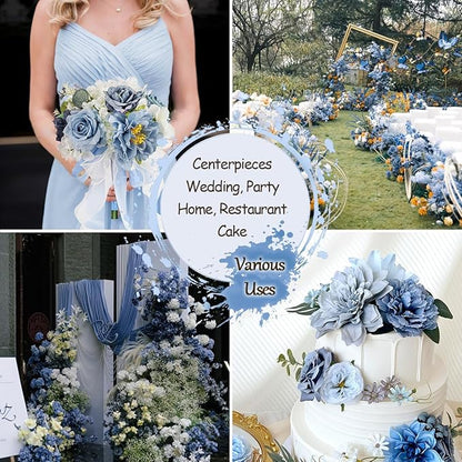Dusty Blue Artificial Flowers Combo Box Set Silk Roses Dahlia with Stems DIY Bridal Wedding Bouquets Navy Royal Blue Cake Fake Floral Arrangements Baby Shower Party Table Centerpieces Home Decor Bulks