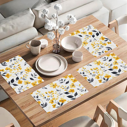 Farmhouse Yellow Flowers Placemats Set of 6, Rustic Floral Place Mats, Country Dining Table Mats, Washable Spring Placemats for Kitchen Dining Room Home Decor 18L'' × 12W''