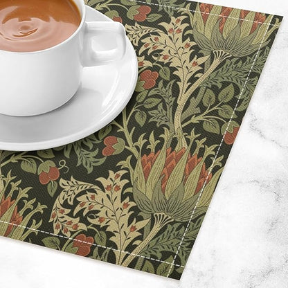 Vintage Boho Florals Placemats Set of 4, William Morris Retro Botanical Plant Foliage Place Mats, Heat Resistant Non Slip Cotton Linen Dining Table Mats for Home Kitchen Party 18x12 Inch