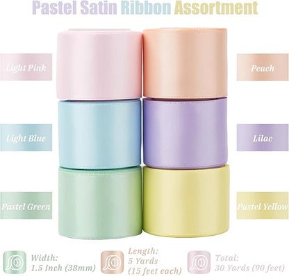 Pastel Ribbon Assortment - 1.5 Inch Double Face Rainbow Colored Satin Ribbon 6 Rolls, 30 Yards for Garland Baby Shower Crafts Birthday Party Wedding Easter's Day Christmas