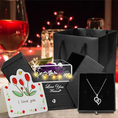 Preserved Purple Real Rose with I Love You Necklace -Eternal Flowers Rose for Mom Grandma Wife Girlfriend Gifts for Her from Husband Christmas Birthday Anniversary