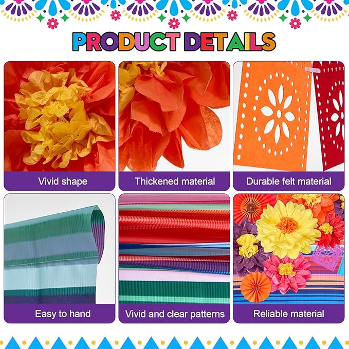 17 Pieces Mexican Party Decorations Set Mexican Paper Flowers Fiesta Ruffled Streamer Backdrop Papel Picado Banner Mexico Party Decorations for Hispanic Heritage Month , Cinco De Mayo Decor