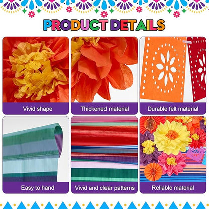 17 Pieces Mexican Party Decorations Set Mexican Paper Flowers Fiesta Ruffled Streamer Backdrop Papel Picado Banner Mexico Party Decorations for Hispanic Heritage Month , Cinco De Mayo Decor