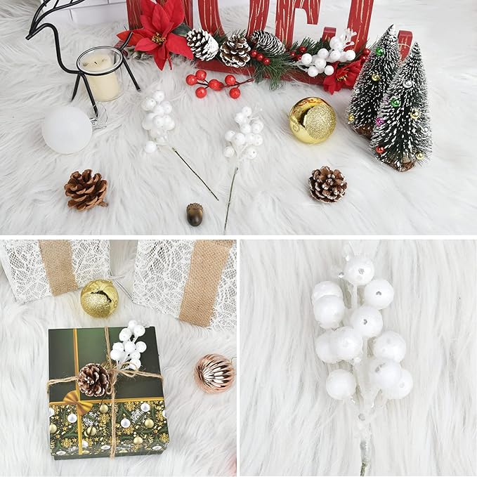 Lvydec 16pcs Christmas Glitter Berry Stems Clearance, 7.8" Artificial Christmas Picks for Christmas Tree Ornaments, DIY Xmas Wreath, Crafts, Holiday and Home Decor (White)