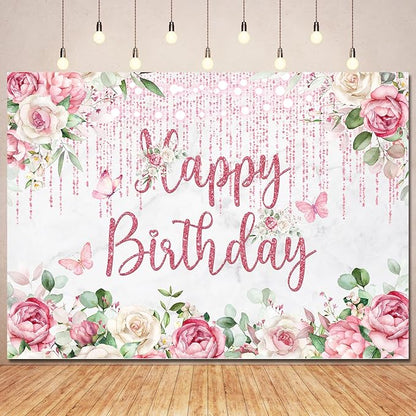 Rose Gold Birthday Backdrop - Floral Decorations, Glitter Blush Pink Flower Happy Birthday Banner for Women Girls Bday Party - Photography Background Photo Booth Supplies 10x7ft