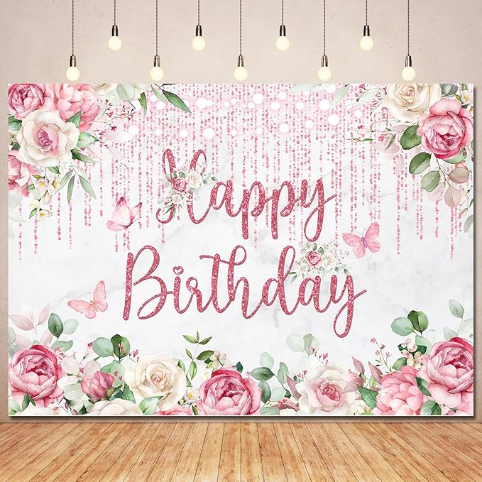 Rose Gold Birthday Backdrop Floral Birthday Decorations,Blush Pink Flower Glitters Happy Birthday Backdrops Banner Photography Background for Women Girls Bday Party Photo Booth Supplies 5x3ft