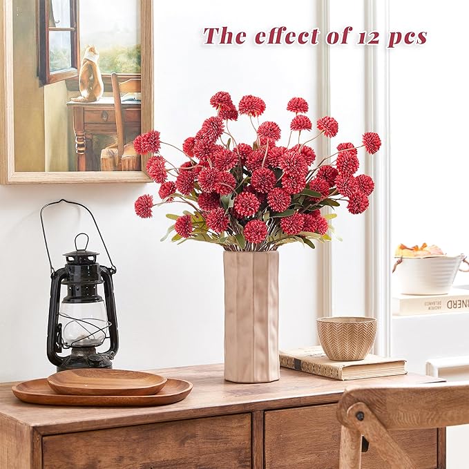 SITUMEIZI Red Faux Silk Pompon Mum Artificial Red Flowers Fake Mini Chrysanthemum Flowers Mums 6Pcs for Christmas Home Party Wedding Decorations