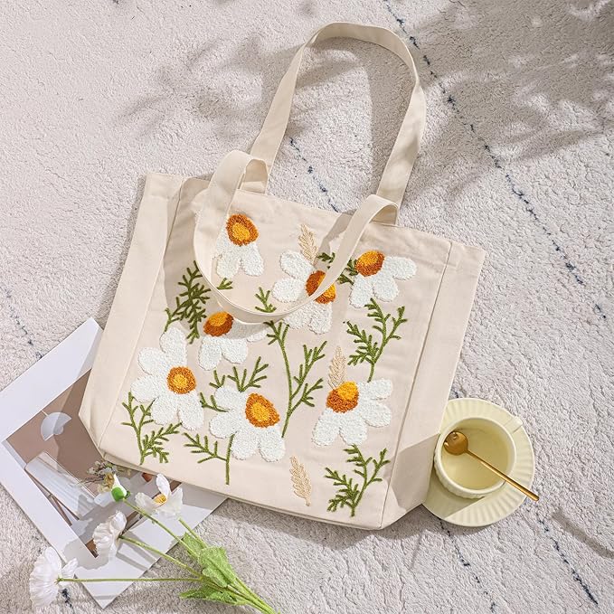 Aesthetic Embroidery Tote Bag for Lady Cute Reusable Canvas Shoulder Bag for Girls Women Shopping Grocery