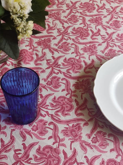 ATOSII Red Bloom 100% Cotton Tablecloth, Handblock Print Square Table Cover for Kitchen Dining I Tabletop Linen I Parties, Wedding, Spring SummerTable Cloth 60 X 60 Inches
