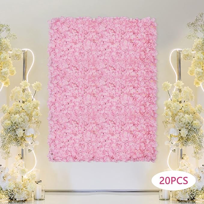 20PCS Artificial Floral Wall Backdrop, 3D Pink Flower Wall Panel, Realistic Silk Flower Backplanes, Roll Up Fake Flower Background for Valentines Wedding Party Photo Arrangement Outdoor Decor
