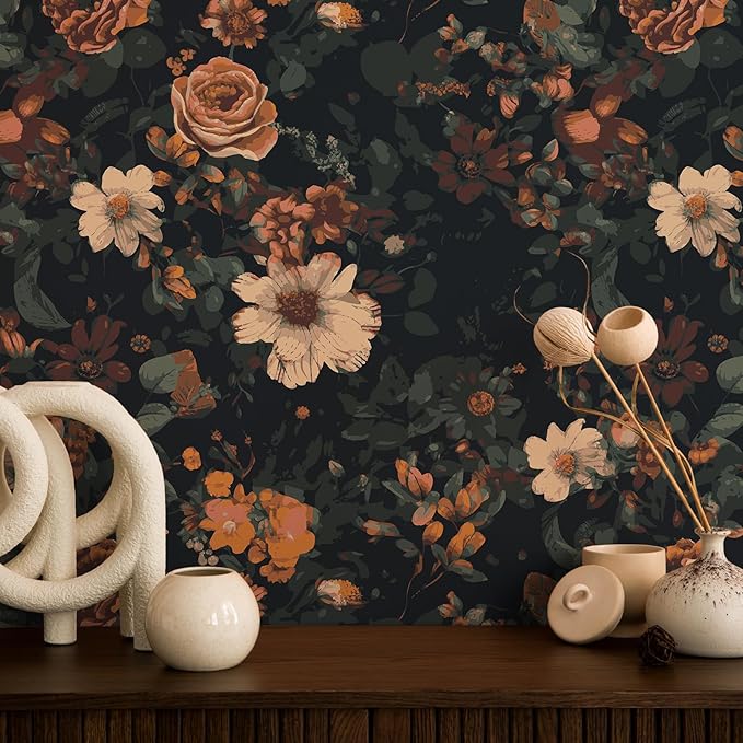 VEELIKE Retro Dark Floral Peel and Stick Wallpaper Vintage Floral Wallpaper for Bedroom Bathroom 17.7''x118'' Moody Flower Wallpapers Self Adhesive Removable Botanical Contact Paper for Cabinets Walls