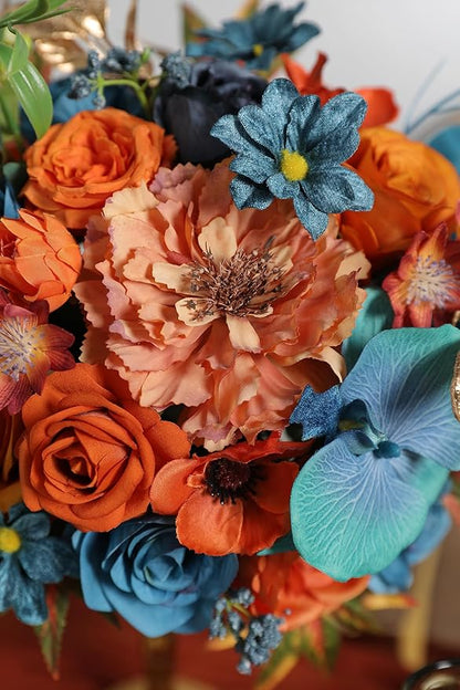 Fall Orange Artificial Flowers Roses Fake Flowers with Stems Blue Orange Artificial Flowers for DIY Bridal Bouquets Faux Flowers Centerpieces for Table Home Decor