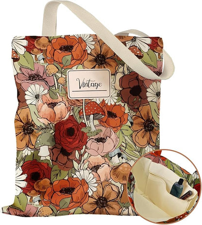 Aesthetic Canvas Tote Bag with Inner Pocket for Women, Cloth Cotton Totes Bag with Pattern for Shopping, Gym
