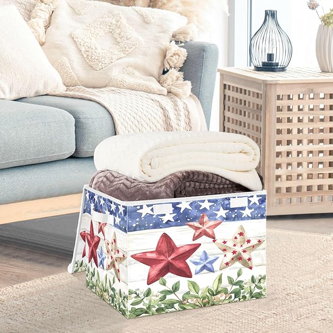 senya July Fourth Baskets Collapsible Storage Bins with Lids, American Flag Stars Storage Boxes Clothes Baskets for Organizing, B06D22020