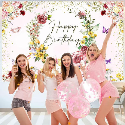 Pink Floral Wildflower Happy Birthday Backdrop Banner Decorations for Girl,Watercolor Flower Butterfly Birthday Backdrops Background for Wildflower Theme 1st Bday Party Supplies Photobooth Props 7x5ft