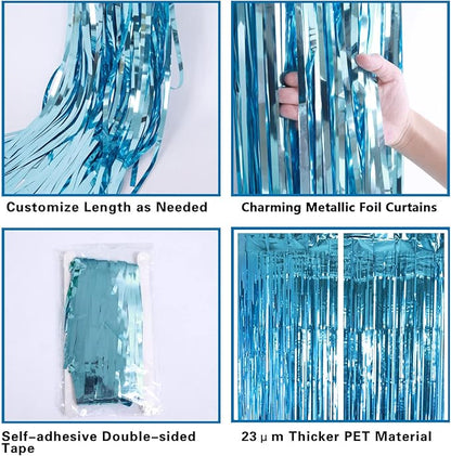 2 Pack Lake Blue Foil Fringe Curtains Tinsel Backdrop, 3.2Ft x 8.2Ft Metallic Tinsel Photo Booth Backdrop Curtains for Birthday Background Wedding Engagement Bridal Shower Bachelorette Decorations