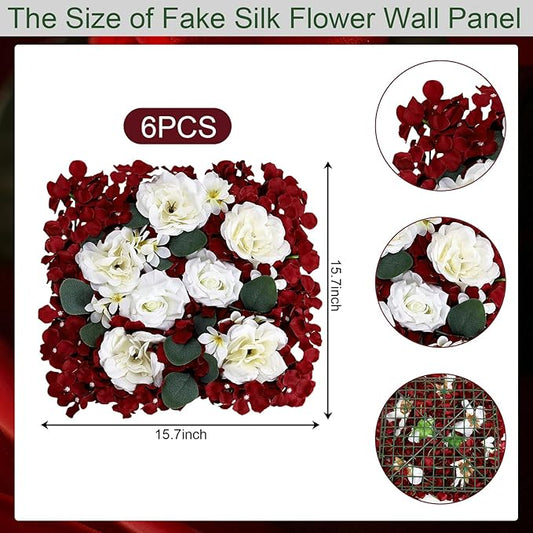 Pack of 6 Artificial Silk Flower Panels, Faux Floral Wall Background for Wedding Party Engagement Bridal Shower Arrangement Home Decorations - Burgundy & White