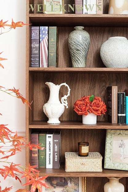 WELL KNOWN Artificial Flowers in Vase, Silk Rose Arrangement Mini Potted Realistic Fake Flowers with Ceramic Vase for Wedding Vanity Centerpiece Coffee Table Bathroom Anniversary Decor (Burnt Orange)