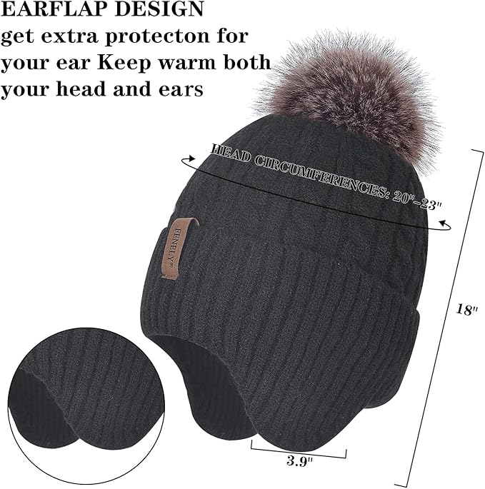 FENELY Women's Knitted Warm Beanie Winter Hat, Warm Chunky Snow Hat with Pompom