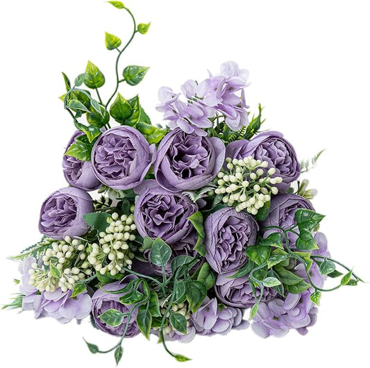 KAOYOO 4 PCS Artificial Peony Bouquet Short Stem for DIY Wedding Decoration Bridal Bouquet Home Decorations(Purple 4-PCS)