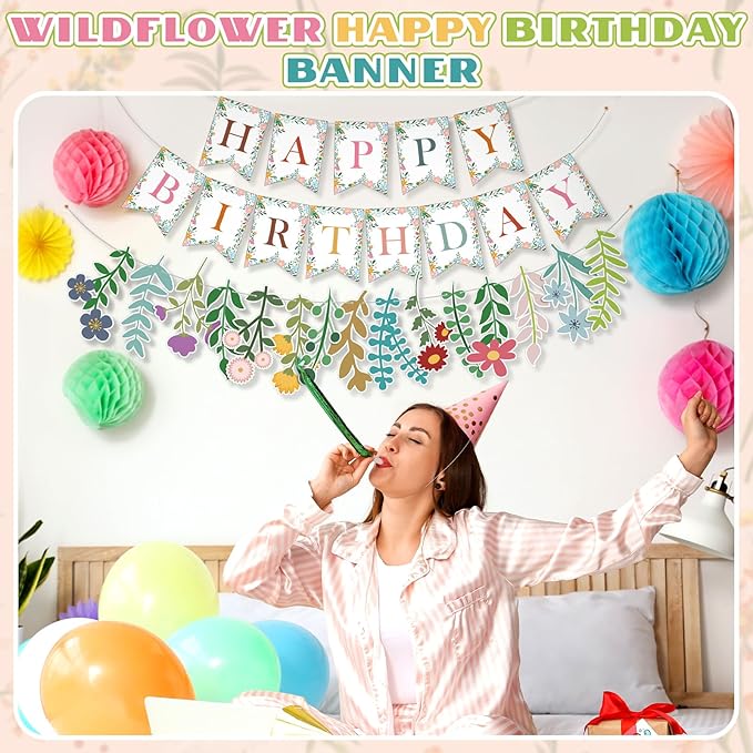 XunYee 3 Pcs Wildflower Birthday Decoration Flower Happy Birthday Banner Boho Wildflower Happy Birthday Banner Garland Flower Hanging Decorations Birthday Party Decorations for Girls Women