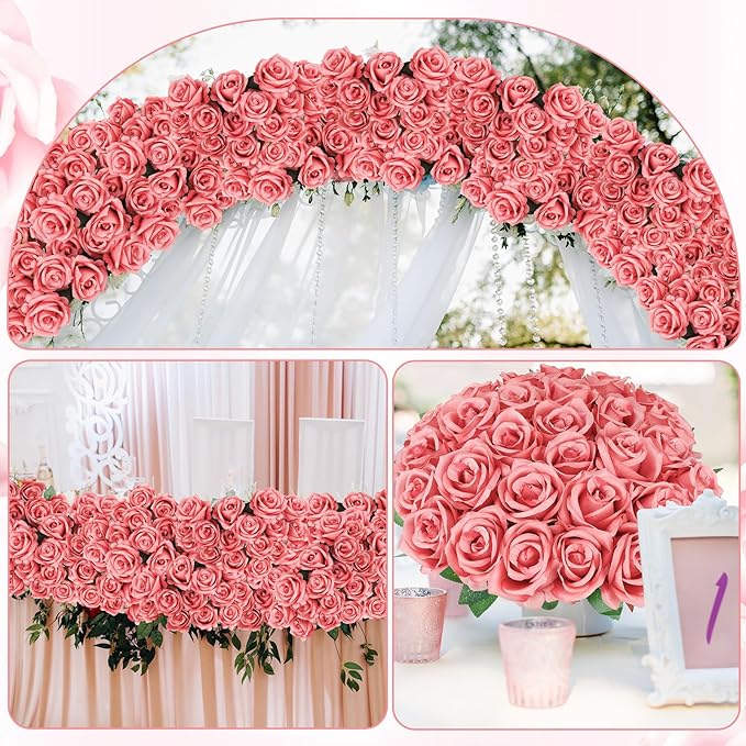 80 Pcs Roses Artificial Flowers, Silk Rose Red Artificial Flowers Petals Long Stem Roses for Wedding Bouquet Home Party Decor