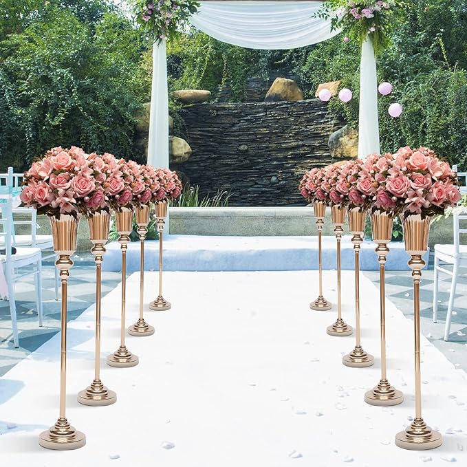 Trumpet Flower Stand, Versatile 10 Pcs Metal Wedding Vase with Counterweight Base Good Stability Light Compact and Easy Carry Electroplating Process Vintage Metal Trumpet Vase for Cafes Bars Hotels