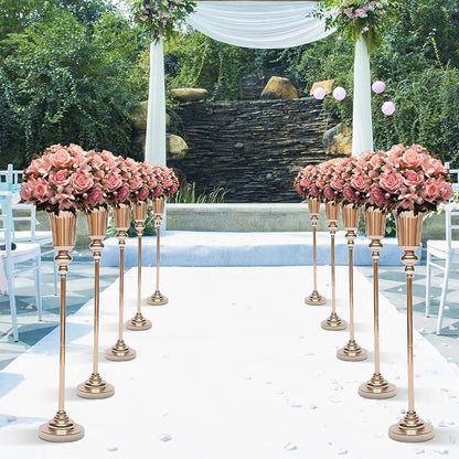 Trumpet Flower Stand, Versatile 10 Pcs Metal Wedding Vase with Counterweight Base Good Stability Light Compact and Easy Carry Electroplating Process Vintage Metal Trumpet Vase for Cafes Bars Hotels