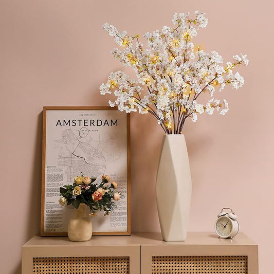 Sunm Boutique 3 PCS Silk Cherry Blossom Branches, Lighted Brown Twig Branches, Artificial White Cherry Blossom Flower, Cherry Blossom Stems Decor Faux Cherry Blossom Tree for Wedding Home Decor, 39'