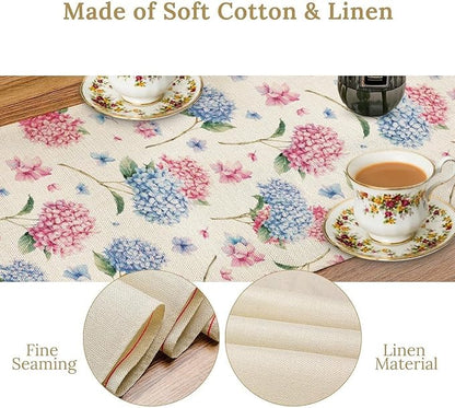 Hydrangea Table Runner, Spring Summer Watercolor Blue Floral Seasonal Country Farmhouse Coffee Table Center Decor for Home Kitchen Dining Patio Holiday Party Table Decorations 13x90 inches