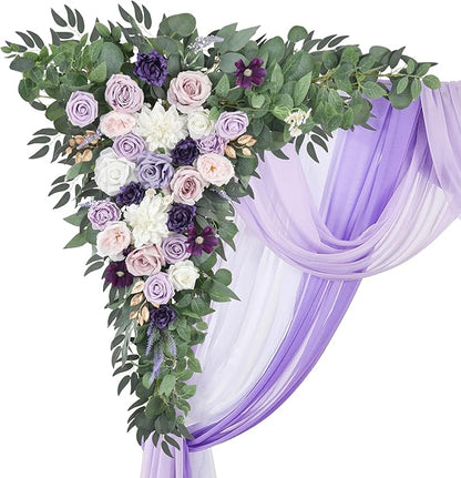 Wedding Arch Flowers Kit (Pack of 5) 2pcs Purple Artificial Floral Swag and 3pcs Draping Fabric for Wedding Flower Arch Decor Ceremony Arbor Reception and Backdrop (Lilac and White)