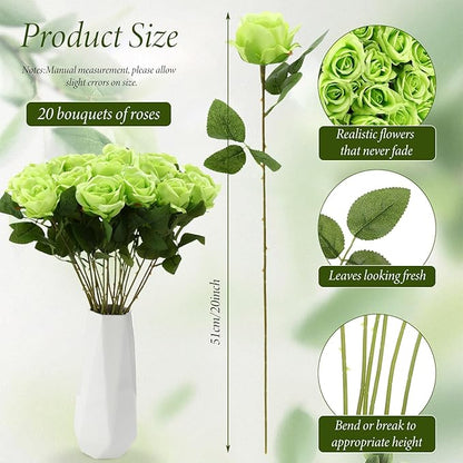 Hotop 20 Pcs Artificial Rose Flowers with Long Stem,Real Touch Silk Realistic Plastic Bouquet Roses Bulk for Home Decor Bridal Wedding Party Table Centerpieces Decorations(Green)
