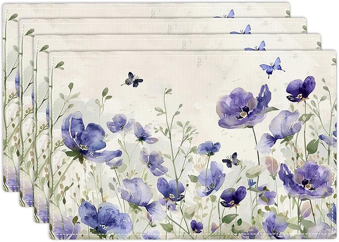 Farmhouse Flowers Placemats Set of 4 Butterfly Lavender Floral Plants Flower Leaves Placemats Rustic Floral Waterproof Washable Table Placemats for Dining Kitchen Decoration 4 PCS