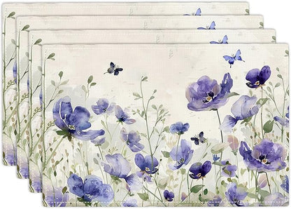 Farmhouse Flowers Placemats Set of 4 Butterfly Lavender Floral Plants Flower Leaves Placemats Rustic Floral Waterproof Washable Table Placemats for Dining Kitchen Decoration 4 PCS