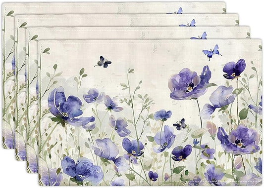 Farmhouse Flowers Placemats Set of 4 Butterfly Lavender Floral Plants Flower Leaves Placemats Rustic Floral Waterproof Washable Table Placemats for Dining Kitchen Decoration 4 PCS
