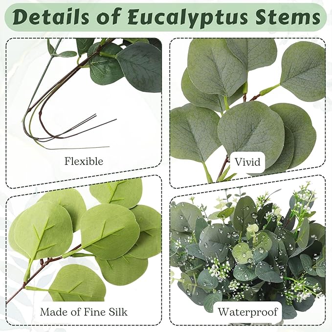 Eucalyptus Leaves Stems 100 PCS, 4 Kinds Mixed Artificial Greenery Stems for Wedding Decor Vase Floral Arrangement Centerpiece