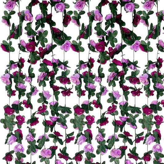 8Pcs 63Ft Purple Rose Garland, Fake Rose Hanging Flowers, Artificial Flower Vine, Hanging Floral Vine Garland for Wedding, Birthday Party, Wall Arch, Halloween, Christmas Garden Backdrop Decor