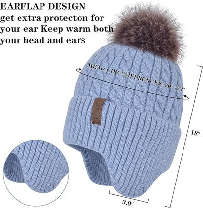 FENELY Women's Knitted Warm Beanie Winter Hat, Warm Chunky Snow Hat with Pompom