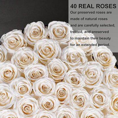 40 Pieces Preserved Roses in Suede Box, Flowers for Mothers Day, Preserved Flowers Gift for Women, White