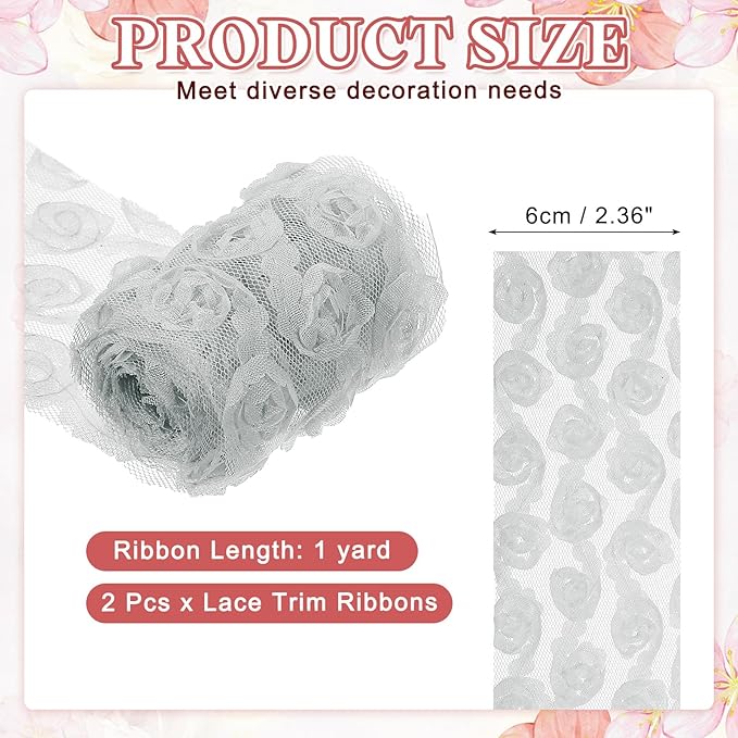 uxcell 2PCS Lace Trim Ribbon, 2.36 inch - 1 Yard 3D Rose Floral Embroidery Ribbons Edge Trimming for Sewing, Wedding Dress, DIY Crafts, Decoration Accessories, Grey